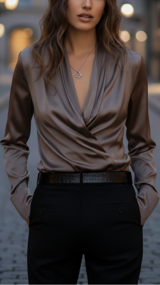 Brown Isabelle lace-up blouse by Lumina Vancouver displayed on a hanger with detailed fabric and stylish design.