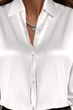 White Isabelle tailored blouse by Lumina Vancouver, shown on a model, featuring a classic fit and elegant design.