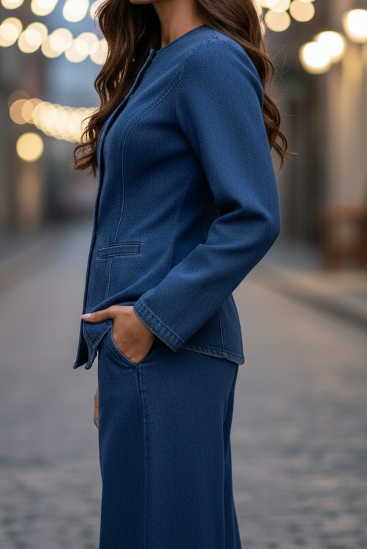 Isabelle tailored denim set by Lumina Vancouver featuring a blue denim top and matching pants, XS size, casual and stylish look