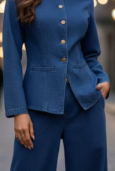 Isabelle tailored denim set by Lumina Vancouver, blue color, includes top and pants, styled for a modern casual look.