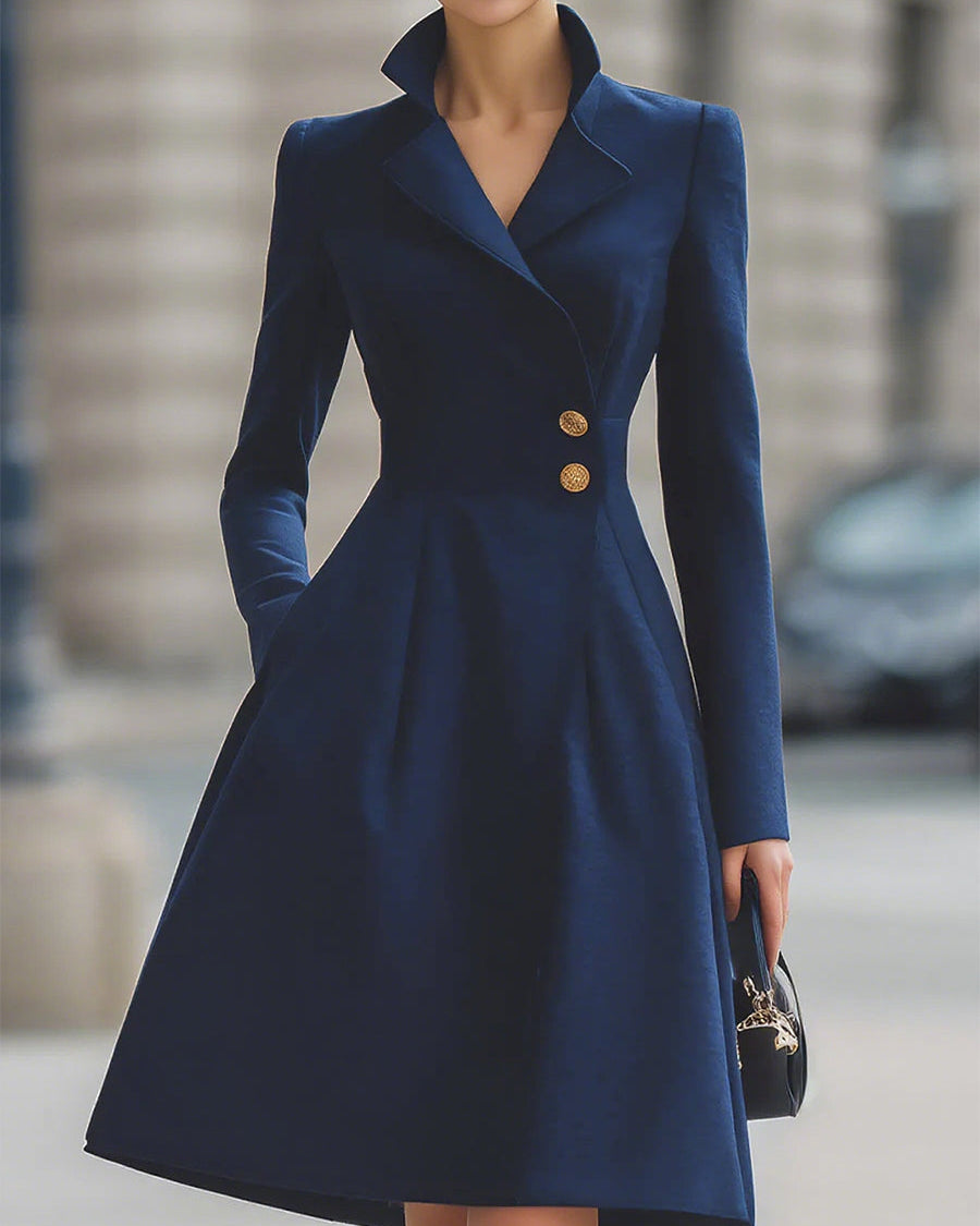 Navy blue Ottavia Tailored Fit Flared Peak Lapel Coat Dress by Lumina Wear, midi-length with structured silhouette and elegant lapel details.