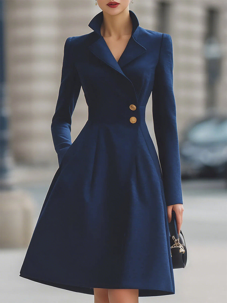 Navy blue Isabelle Lumina Vancouver tailored fit flared midi coat dress with peak lapel, styled for elegant occasions.