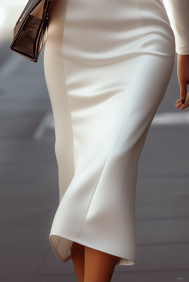 Isabelle model wearing Lumina Wear Queenie tailored white blazer dress, featuring a sleek, fitted design and classic lapel in white fabric.