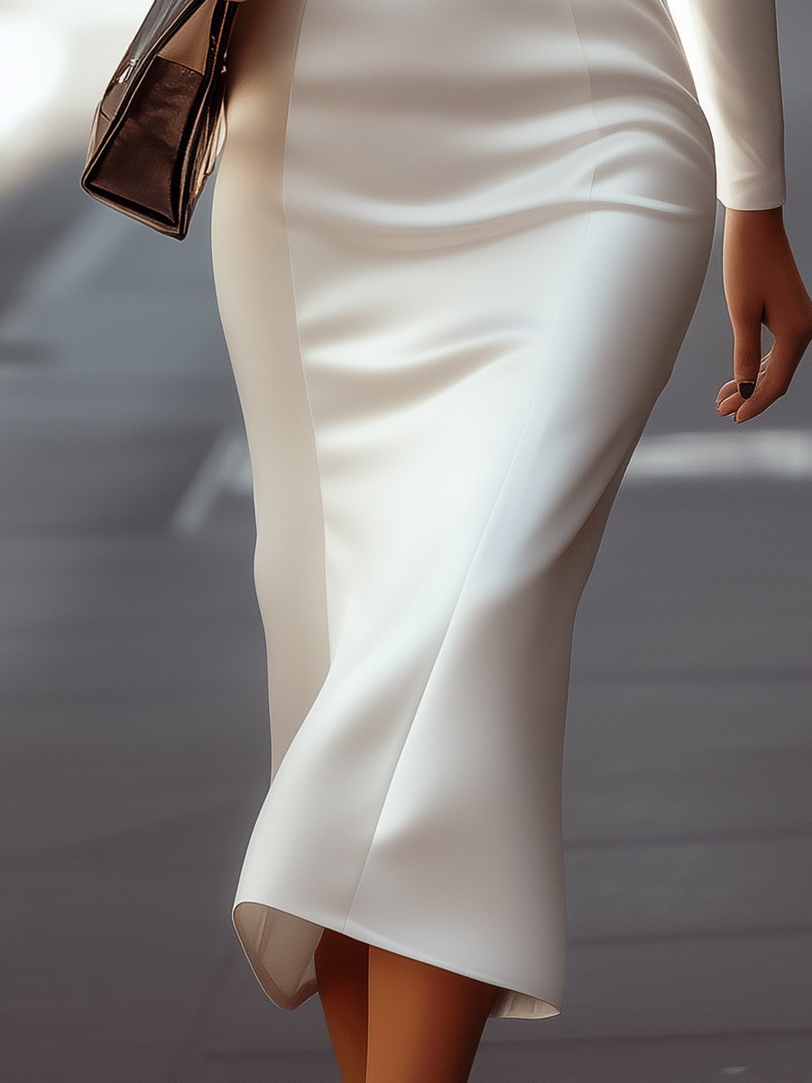 Isabelle model wearing Lumina Wear Queenie tailored white blazer dress, featuring a sleek, fitted design and classic lapel in white fabric.