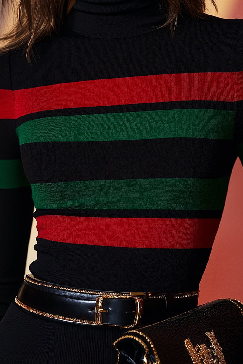 Black Vivid Stripes Turtleneck Top by Lumina Wear, close-up of the fitted t-shirt with bold stripe pattern and high neckline.