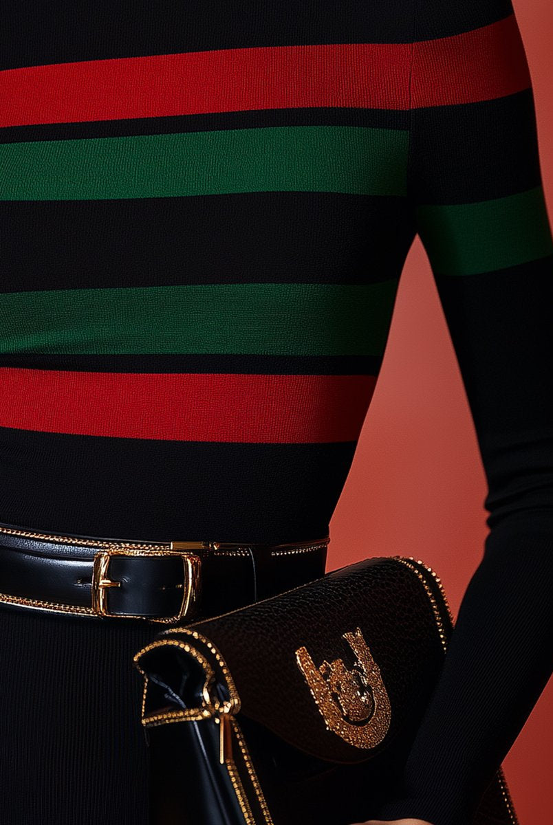 Black Vivid Stripes Turtleneck Top from Lumina Wear featuring bold colorful stripes, fitted style, and long sleeves.