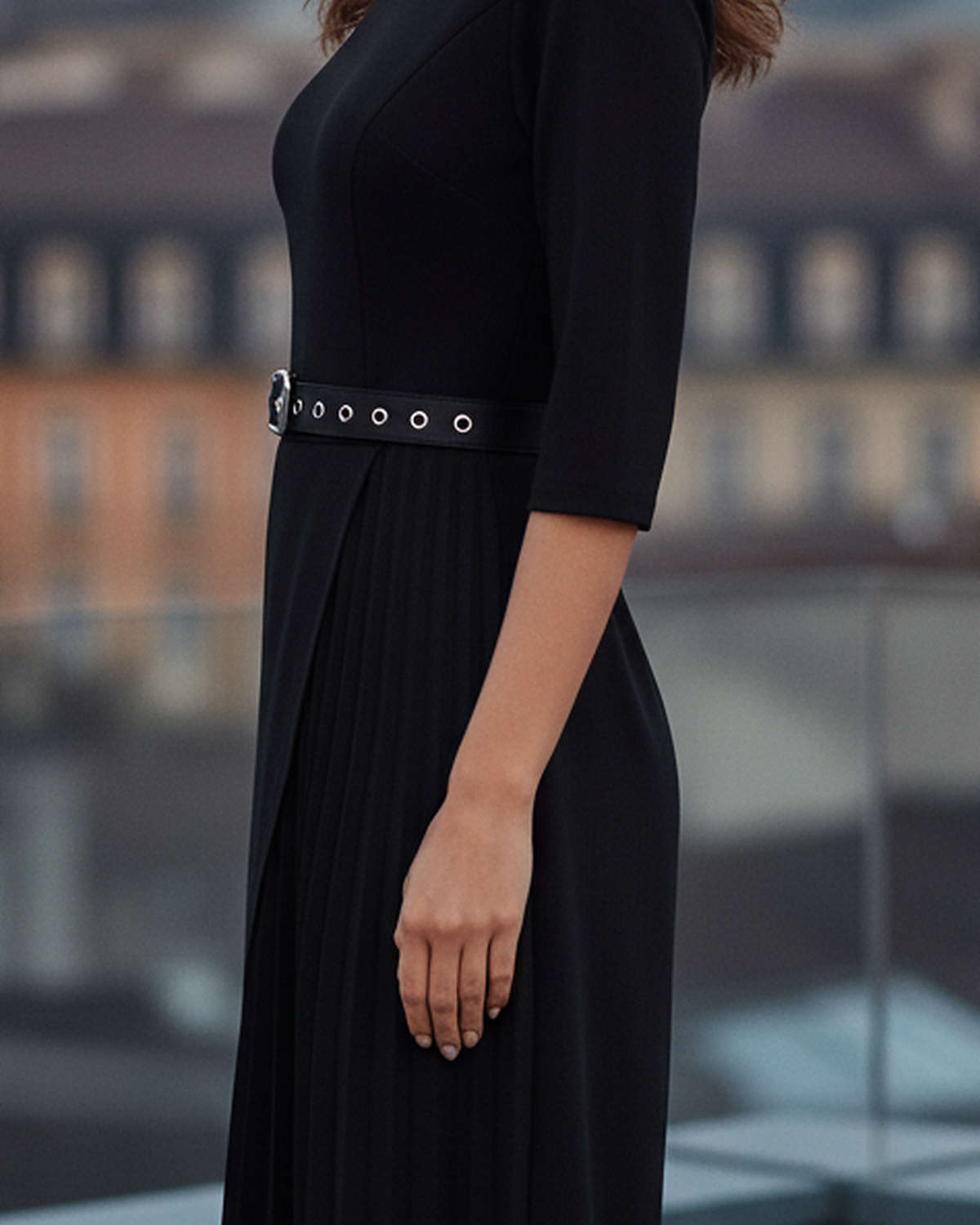 Black Isla belted midi dress with split sleeves by Lumina Wear, shown on a model in a natural pose.