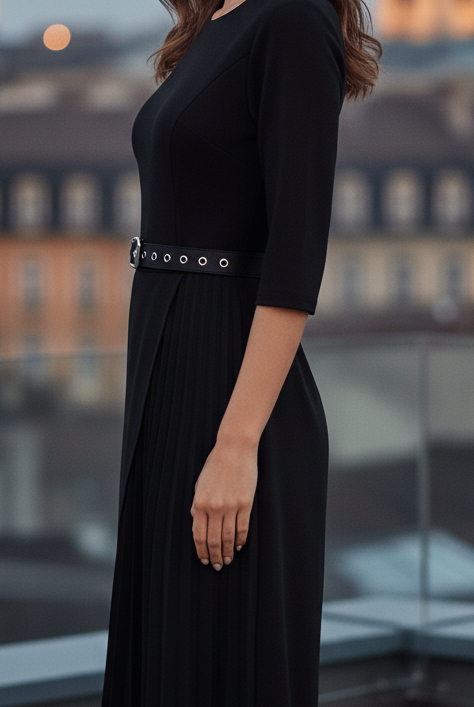 Black Isla belted midi dress with split sleeves by Lumina Vancouver, shown on a mannequin.