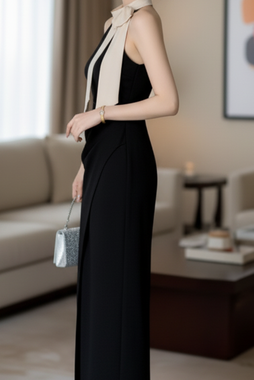 Black Isla halter neck midi dress by Lumina Vancouver, shown on a model with a fitted waist and flowing skirt.