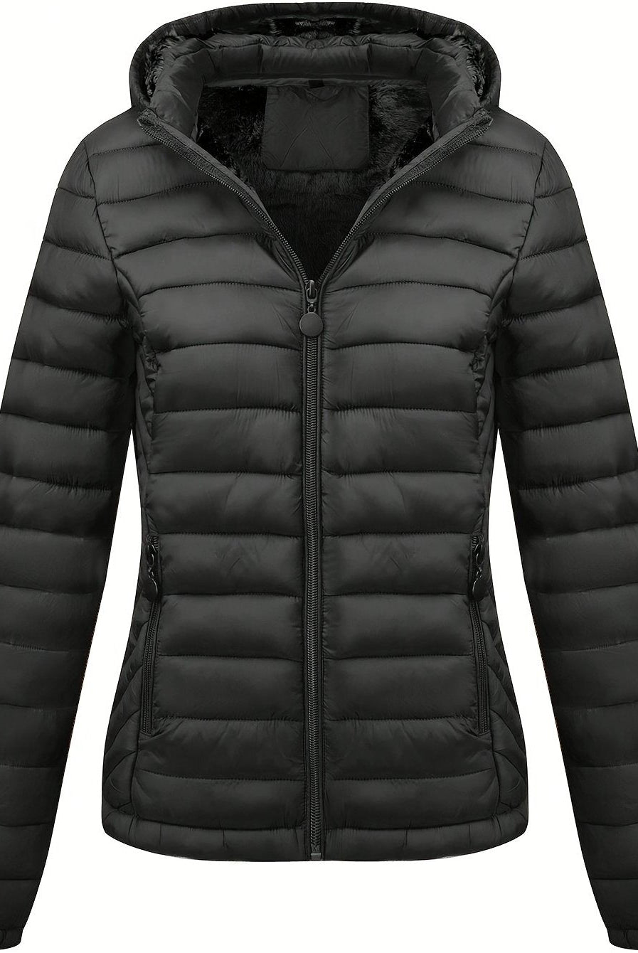 Black Isla Lumina Wear lightweight quilted hooded puffer jacket with fleece lining, shown on a model, size XS.