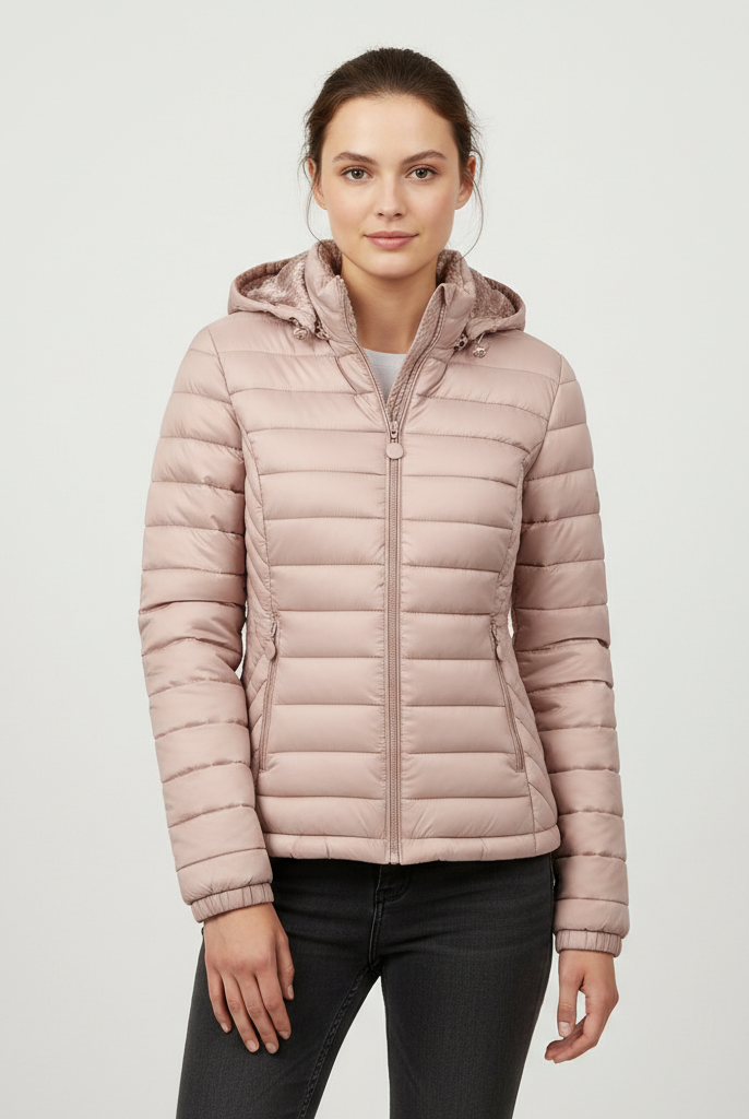 Black Isla Lumina Wear lightweight quilted hooded puffer jacket with fleece lining, showing the jacket's front view and hood.