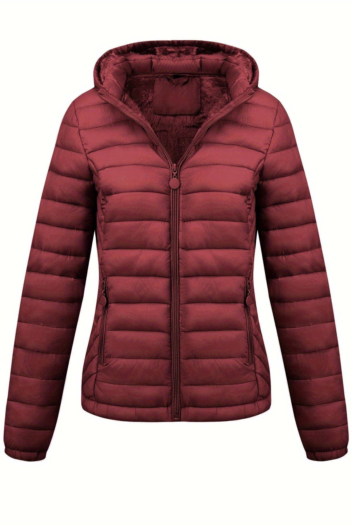 Lumina Wear Isla lightweight quilted hooded puffer jacket with fleece lining in black, shown on a model.