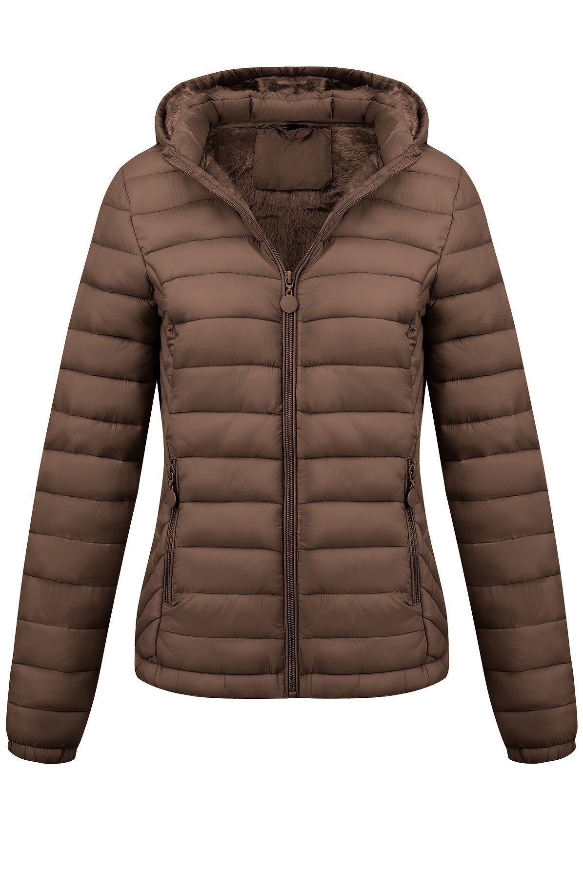 Black Isla lightweight quilted hooded puffer jacket with fleece lining by Lumina Wear, shown on a hanger.