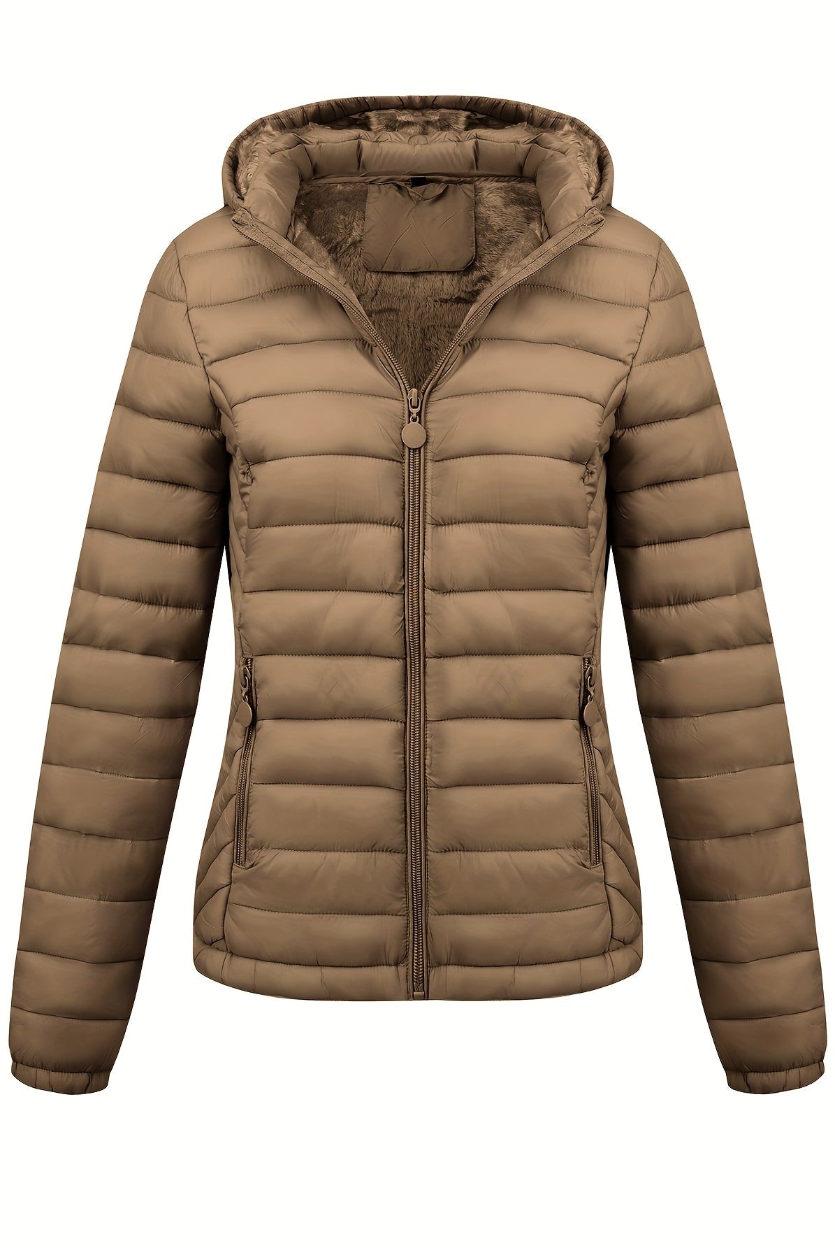 Black Isla lightweight quilted hooded puffer jacket with fleece lining by Lumina Wear, displayed on a hanger.