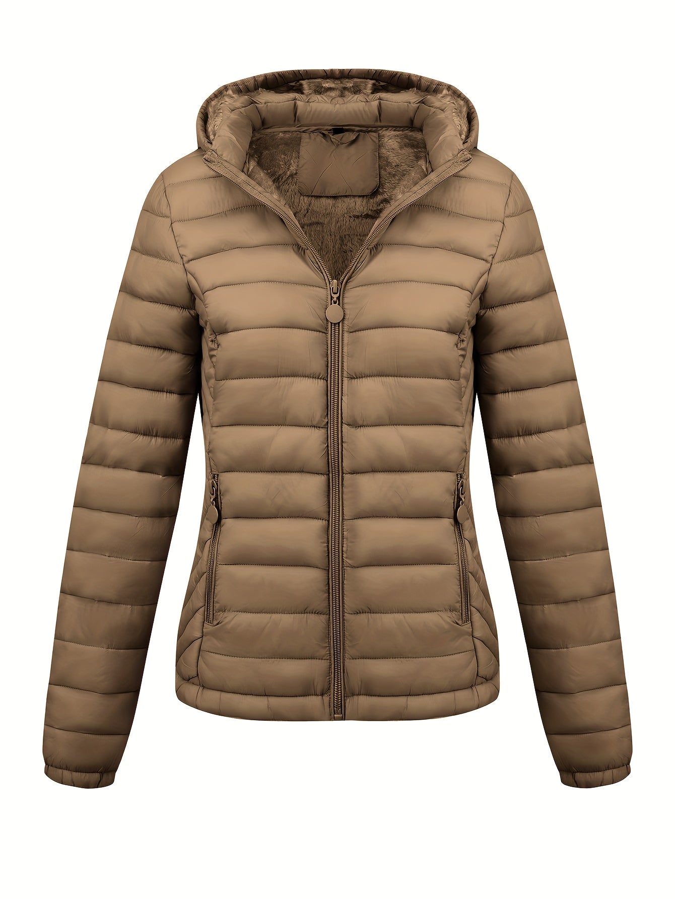 Black Isla lightweight quilted hooded puffer jacket with fleece lining by Lumina Wear, displayed on a hanger.