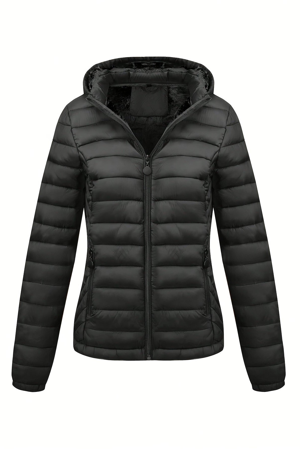 Black Isla Lumina Wear lightweight quilted hooded puffer jacket with fleece lining, shown on a model.