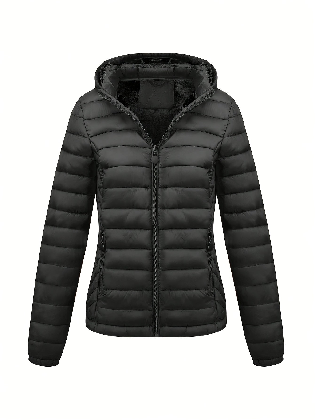 Black Isla Lumina Wear lightweight quilted hooded puffer jacket with fleece lining, shown on a model.