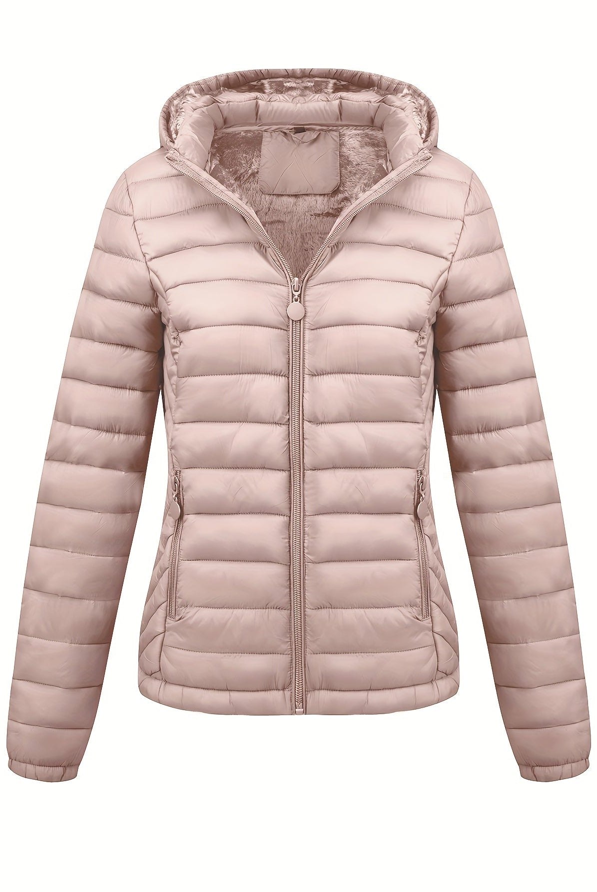 Black Isla Lumina Wear lightweight quilted hooded puffer jacket with fleece lining, shown on a hanger.