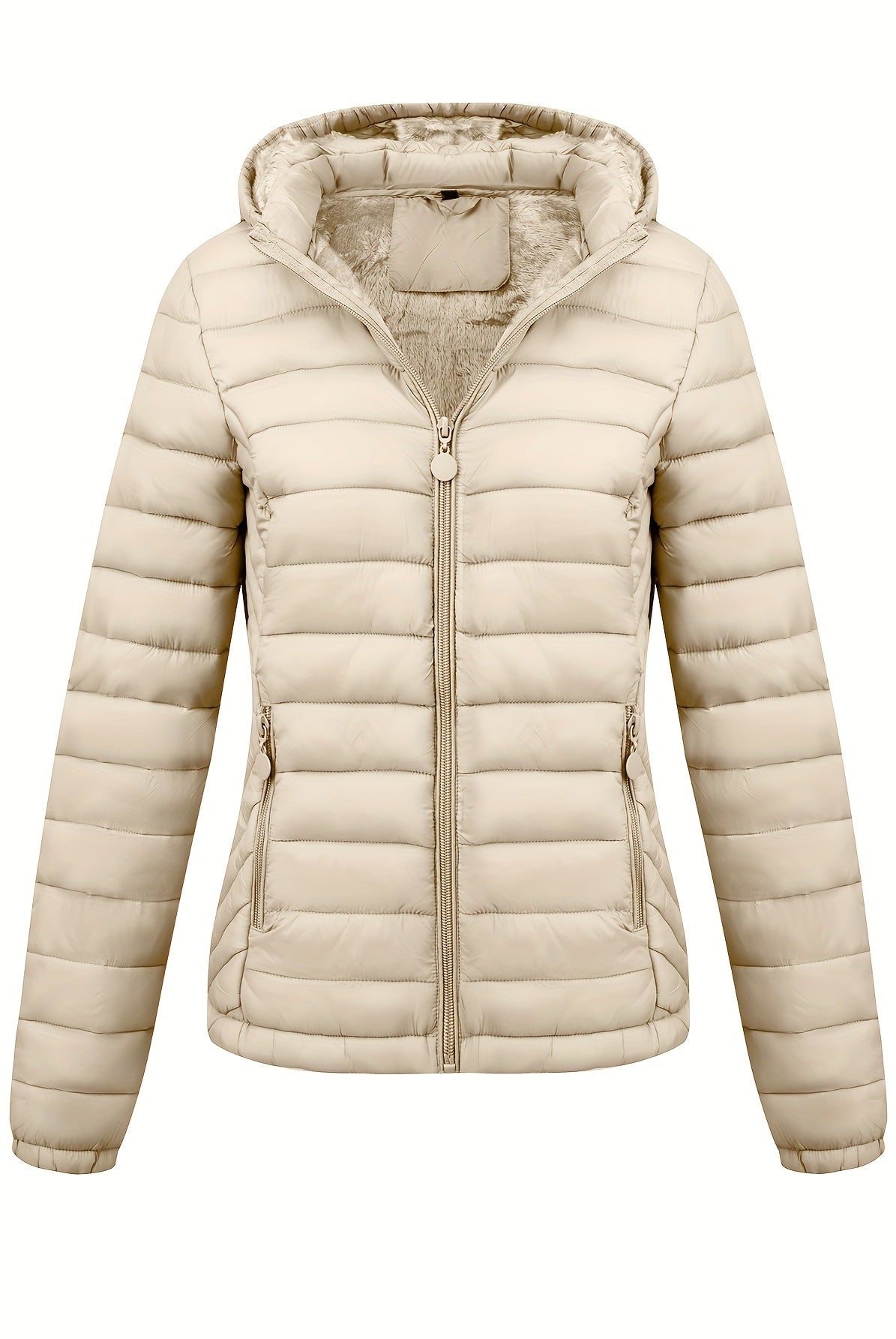 Black Isla Lumina Wear lightweight quilted hooded puffer jacket with fleece lining, shown on a mannequin in XS size.
