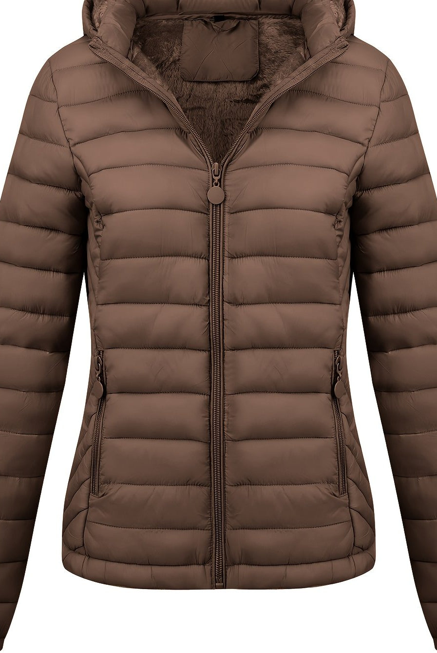 Black Isla Lumina Wear lightweight quilted hooded puffer jacket with fleece lining, shown on a model.