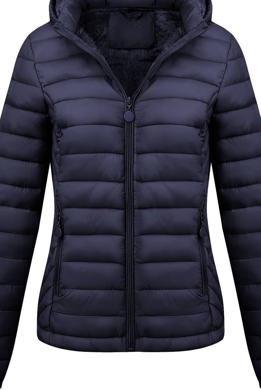 Black Isla Lumina Wear lightweight quilted hooded puffer jacket with fleece lining, shown on a model.
