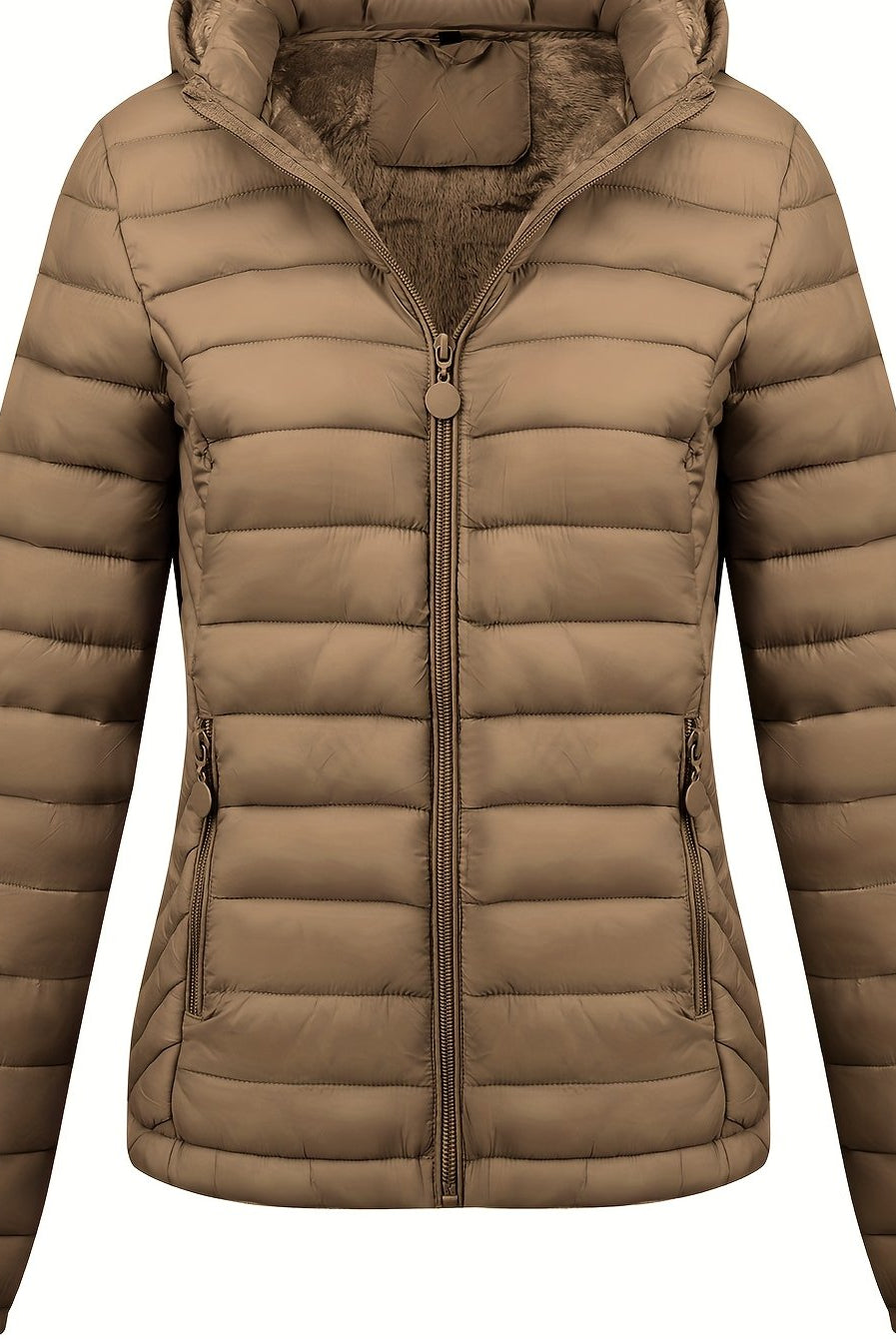 Black Lumina Wear Isla lightweight quilted hooded puffer jacket with fleece lining, shown on a model in size XS.