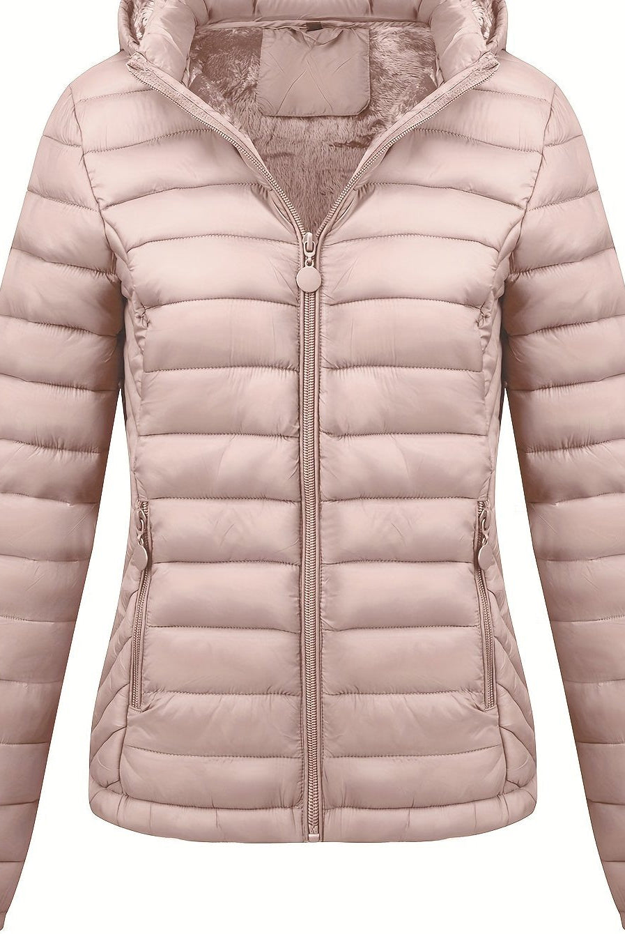 Black Isla Lumina lightweight quilted hooded puffer jacket with fleece lining, shown on a mannequin, size XS.