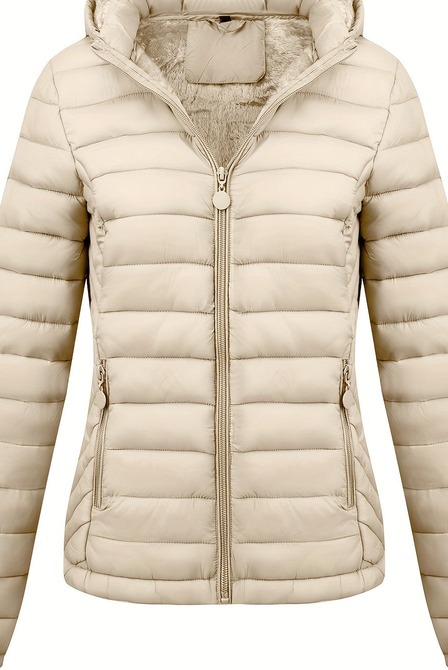 Black Isla lightweight quilted hooded puffer jacket with fleece lining from Lumina Wear, shown on a model, size XS.