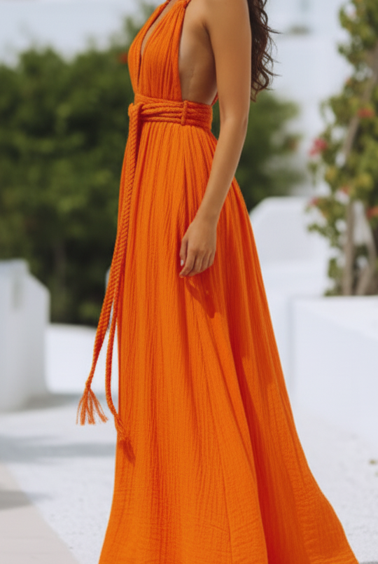 Orange Isla V-neck halter pleat maxi dress by Lumina Vancouver, shown on a model with flowing fabric and elegant design.