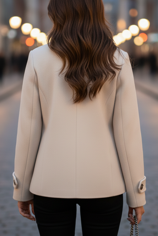 Ivory short double-breasted jacket by Lumina Vancouver, featuring a tailored fit and stylish collar detail.