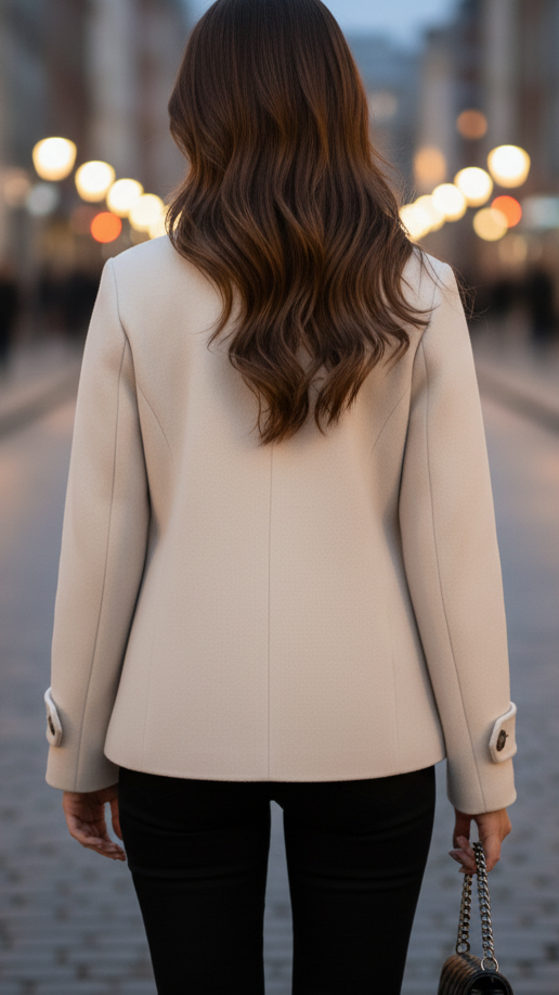 Ivory short double-breasted jacket by Lumina Vancouver, featuring a tailored fit and stylish collar detail.