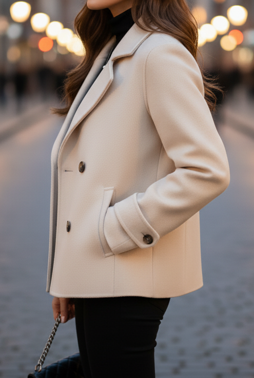Ivory short double-breasted jacket by Lumina Vancouver, featuring a tailored fit and stylish lapel design.