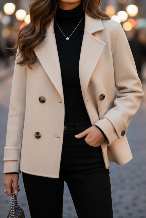 Ivory short double-breasted Lumina Vancouver jacket with lapel collar and button closure, tailored fit, and stylish design.