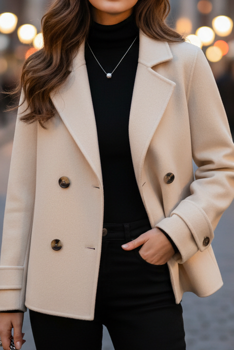 Ivory short double-breasted Lumina Vancouver jacket with tailored fit, lapel collar, and double-breasted buttons.