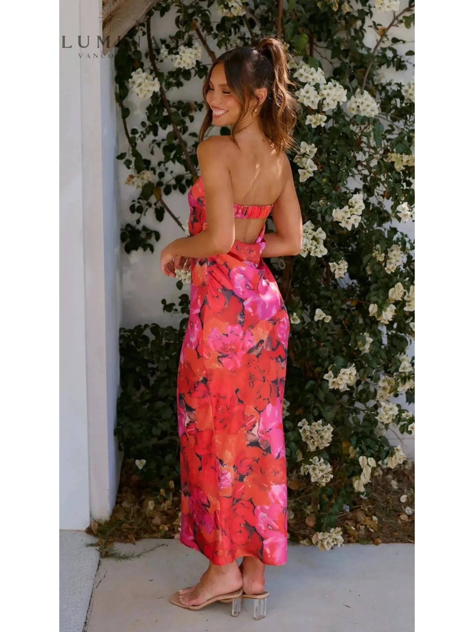 Red Jacyntha strapless summer chic dress by Lumina Vancouver, perfect for wedding guests, featuring a stylish and elegant design.