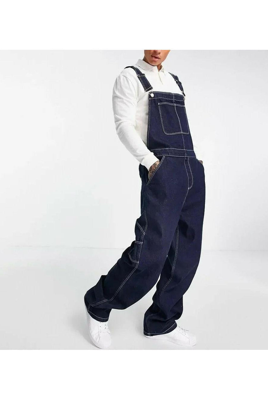 Blue James Scott Utility Denim Overalls by Lumina Vancouver, front view showing adjustable straps and multiple utility pockets.