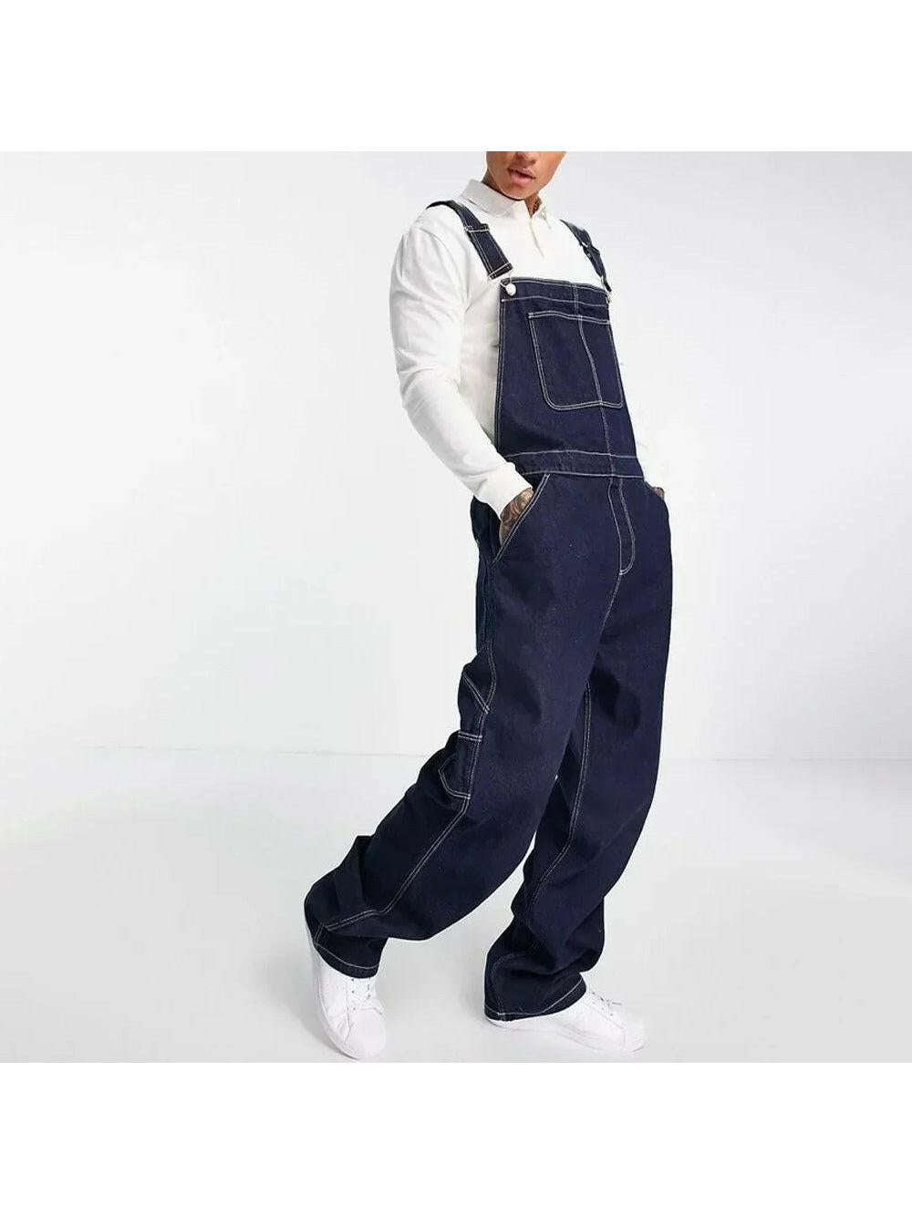 Blue James Scott Utility Denim Overalls by Lumina Vancouver, front view showing adjustable straps and multiple utility pockets.