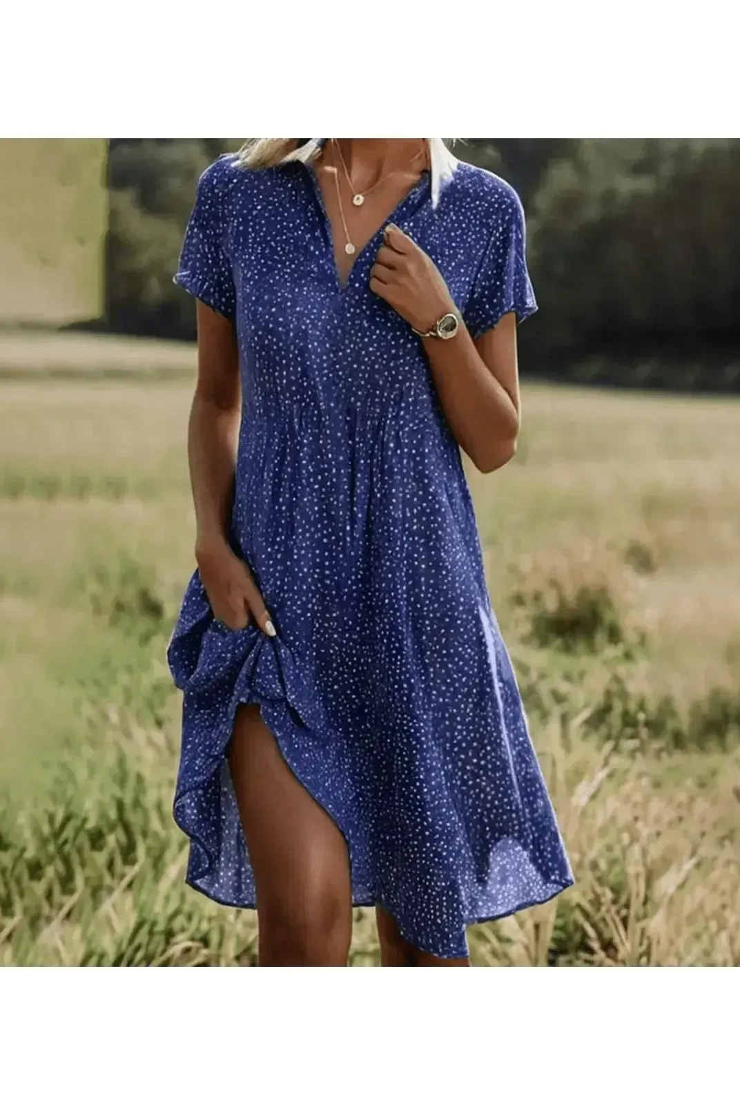 Bright blue Jane elegant multi-color dress by Lumina Wear, featuring stylish design and vibrant pattern, perfect for formal occasions.