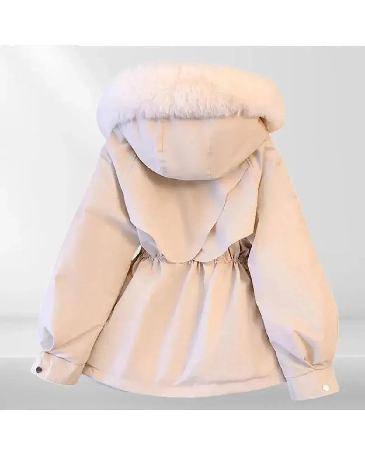 Jarrah comfortable down jacket by Lumina Wear in creme, shown on a model, featuring a cozy, insulated design for cold weather.