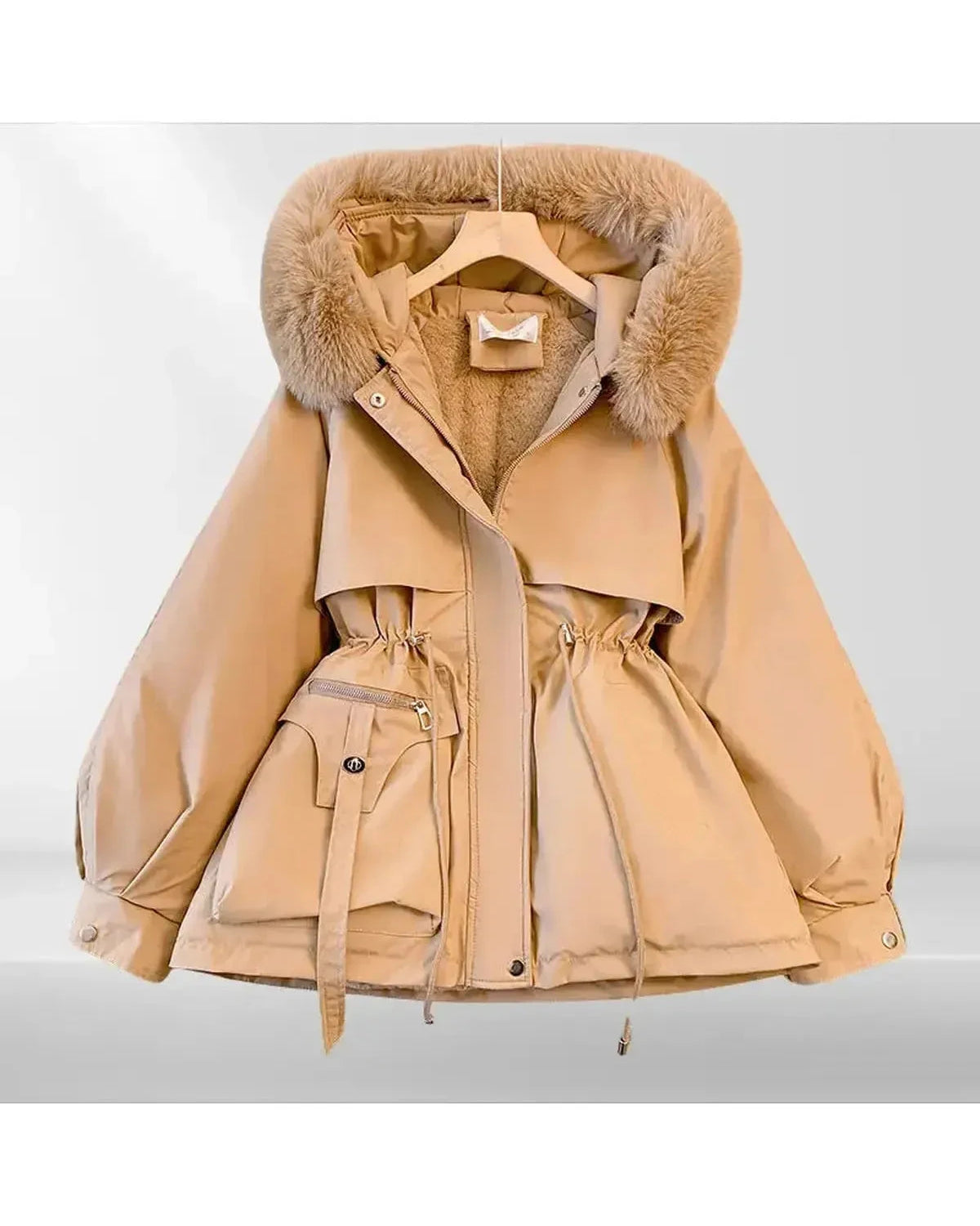Jarrah Lumina Wear down jacket in creme, showcasing its comfortable fit and stylish design for cold weather.