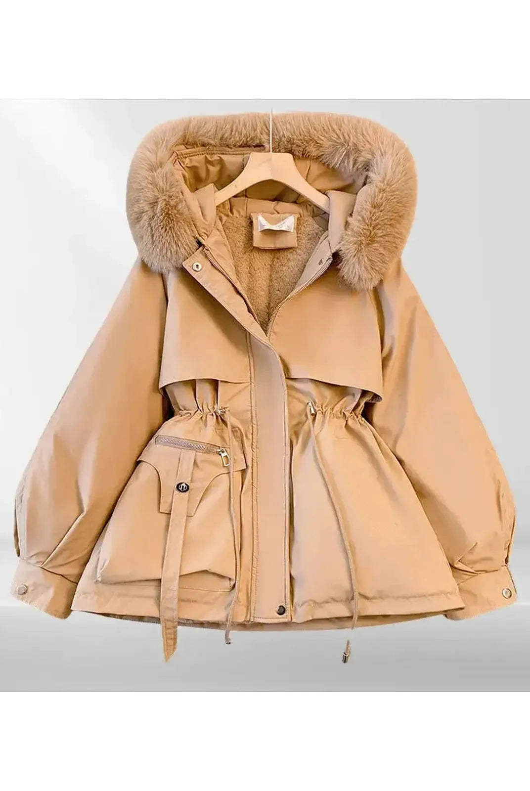 Jarrah comfortable down jacket in creme color by Lumina Vancouver, stylish and warm outerwear for cold weather.