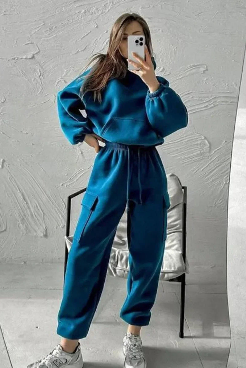 Jasmine relaxed fit cargo pocket hoodie and sweatpants set by Lumina Wear, black tracksuit with cargo details and comfortable fit.