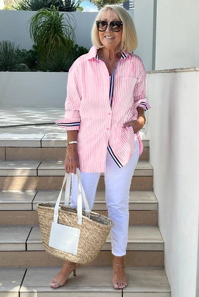 Jasmine Lumina casual striped button shirt in baby pink with relaxed fit, featuring a classic collar and long sleeves.