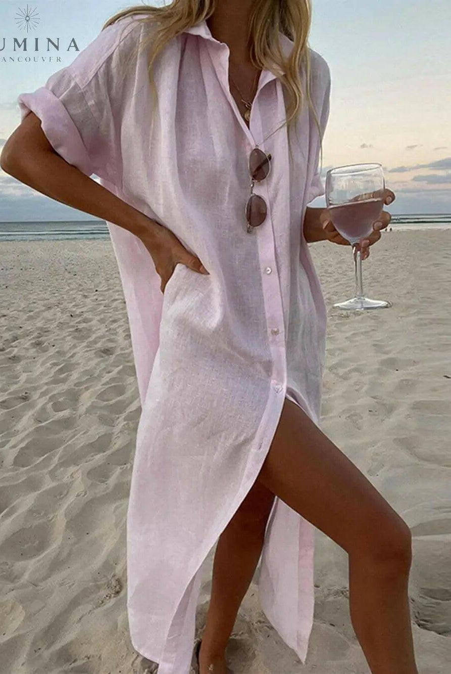 Pink Jillian loose shirt maxi dress from Lumina Vancouver's summer dress collection, featuring lightweight flowy fabric and casual style.