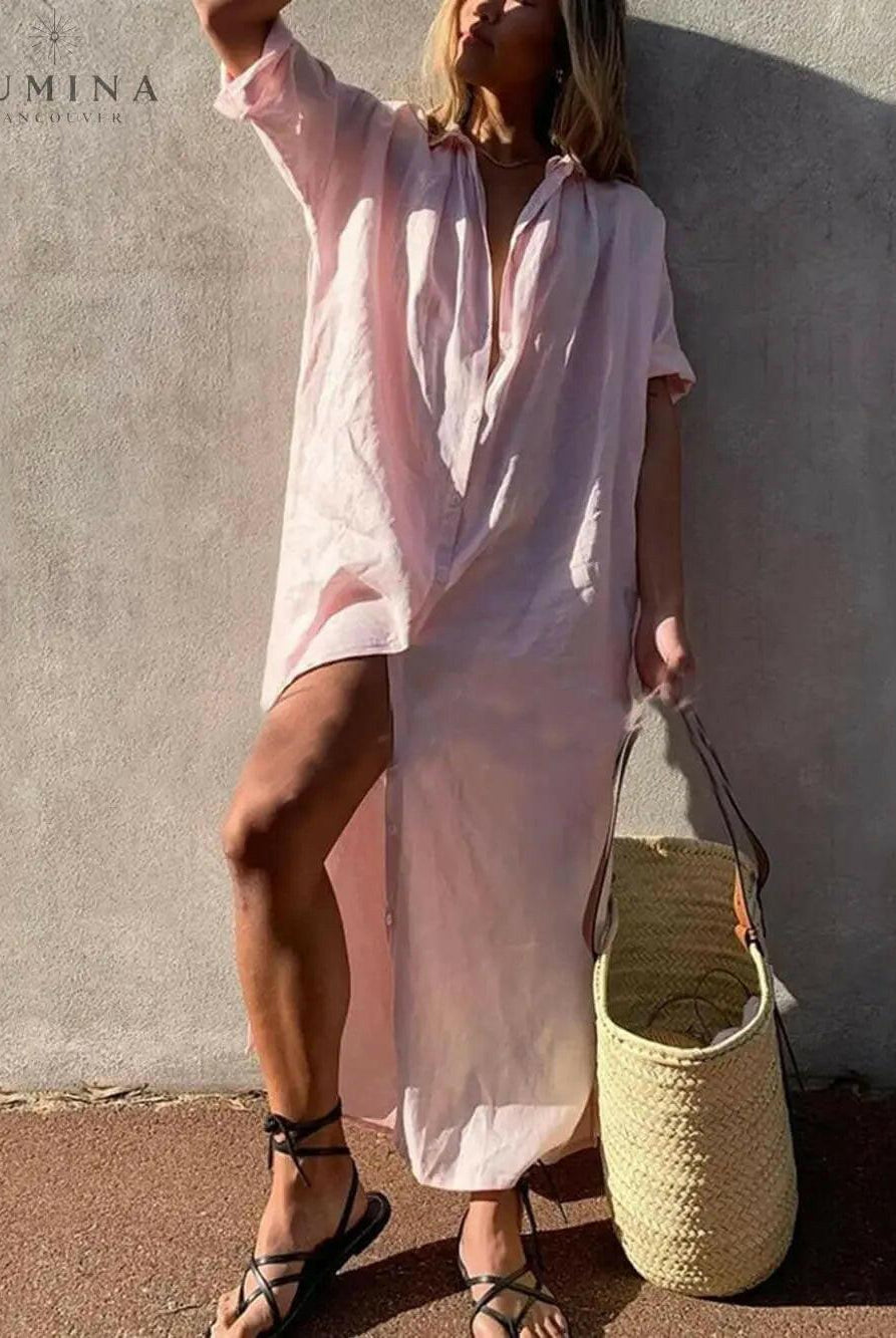 Pink Jillian loose shirt maxi dress from Lumina Vancouver's summer dress collection, featuring a relaxed fit and flowy fabric.