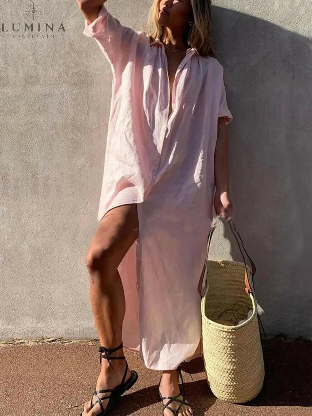 Pink Jillian loose shirt maxi dress from Lumina Vancouver's summer dress collection, featuring a relaxed fit and flowy fabric.