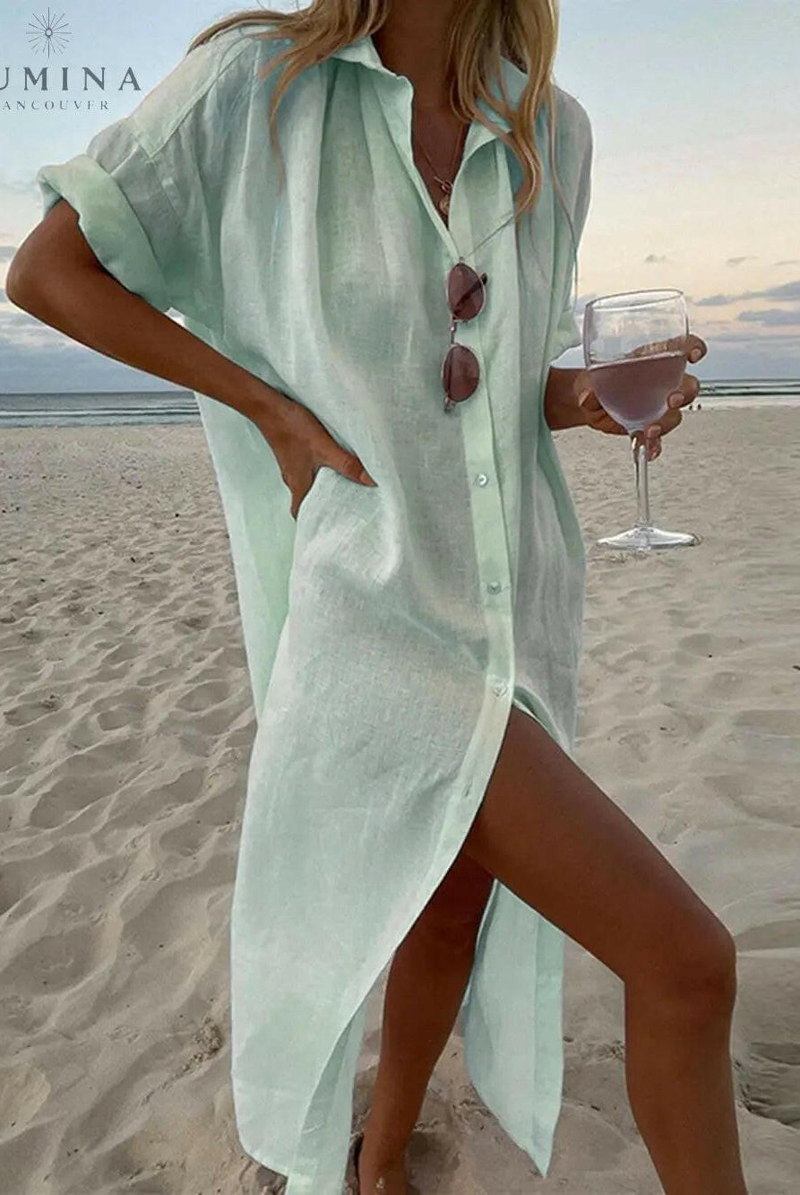 Pink Jillian loose shirt maxi dress from Lumina Vancouver's Summer Dress Collection, featuring lightweight fabric and relaxed fit.