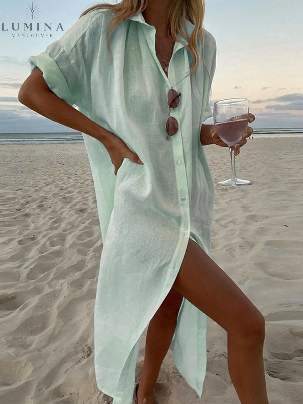 Pink Jillian loose shirt maxi dress from Lumina Vancouver's Summer Dress Collection, featuring lightweight fabric and relaxed fit.