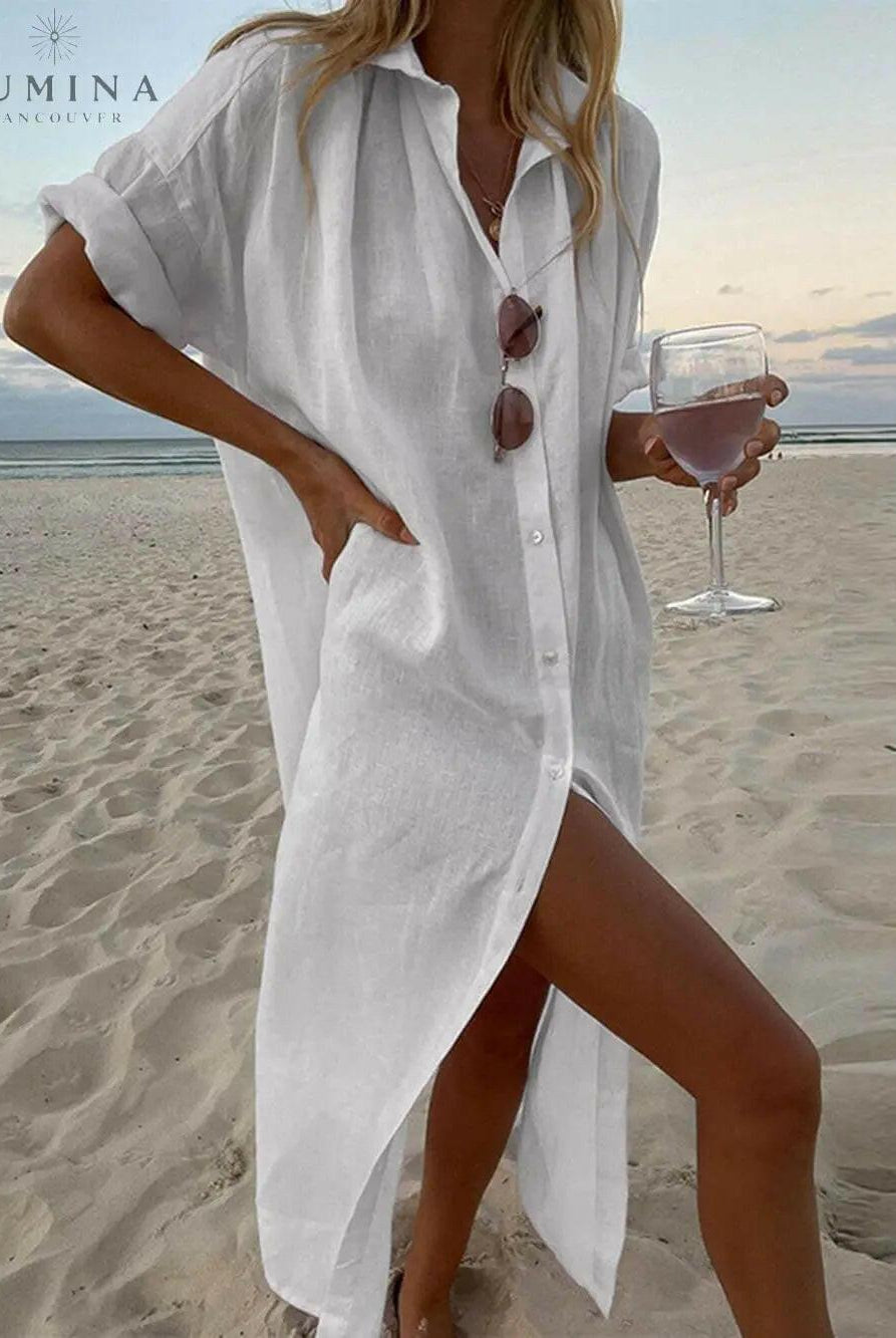 Pink Jillian loose shirt maxi dress from Lumina Vancouver's summer dress collection, flowing and lightweight for warm weather.