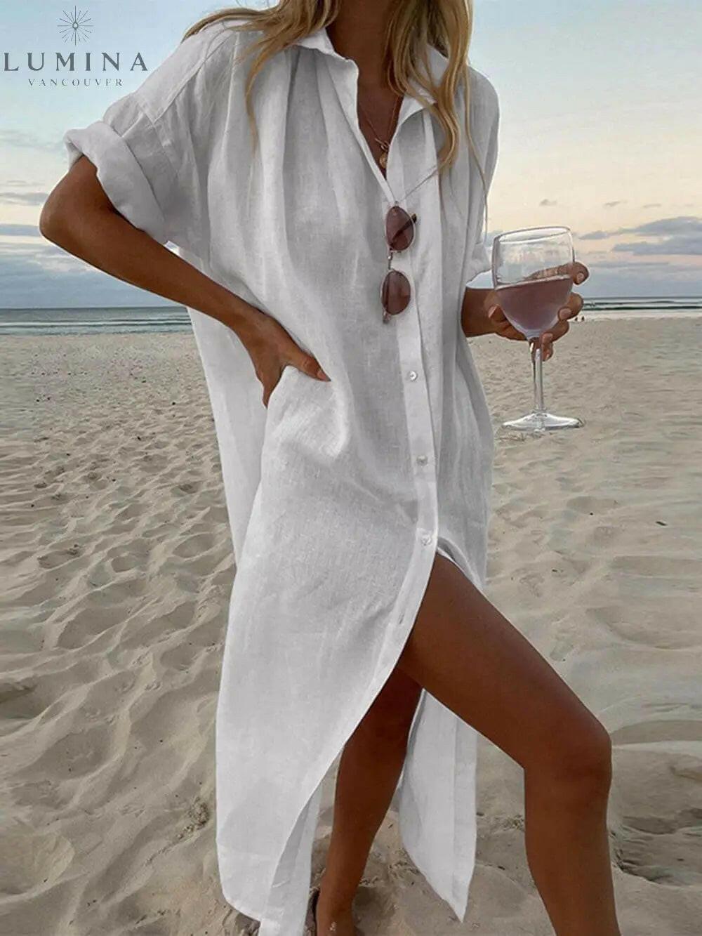 Pink Jillian loose shirt maxi dress from Lumina Vancouver's summer dress collection, flowing and lightweight for warm weather.